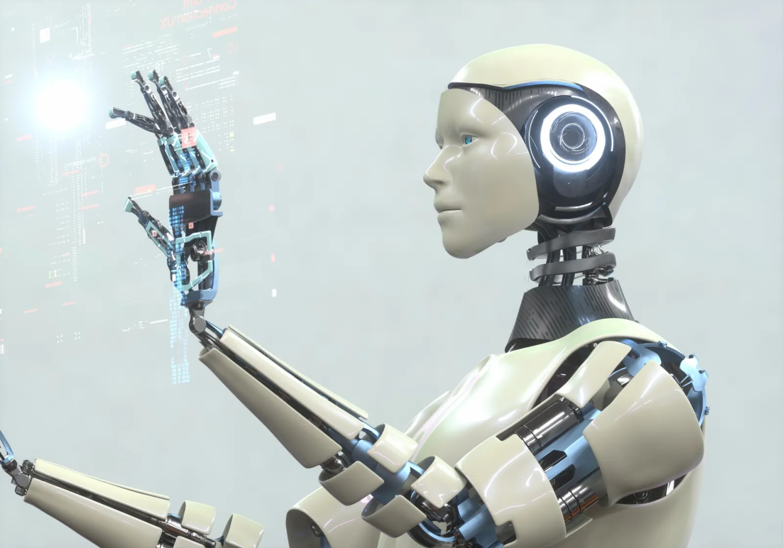 手を挙げているアンドロイド(人型ロボット)の横顔
